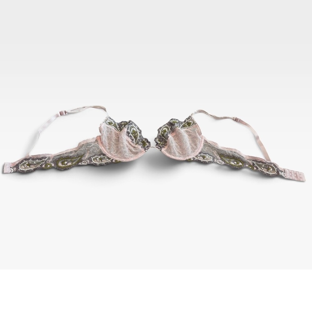 Chantelle Demi Bra 36C Pink Grey Paisley Embroidered Mesh Underwire France